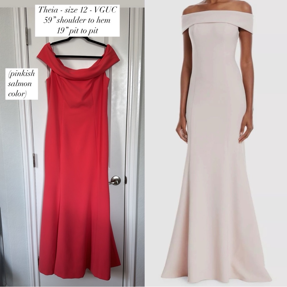 Theia pink/coral off the shoulder trumpet gown - size 12